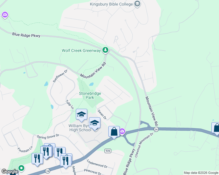 map of restaurants, bars, coffee shops, grocery stores, and more near 431 Stoneacres Drive in Vinton