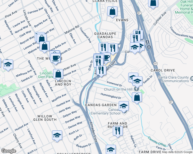 map of restaurants, bars, coffee shops, grocery stores, and more near Almaden Expy & Ironwood Dr in San Jose