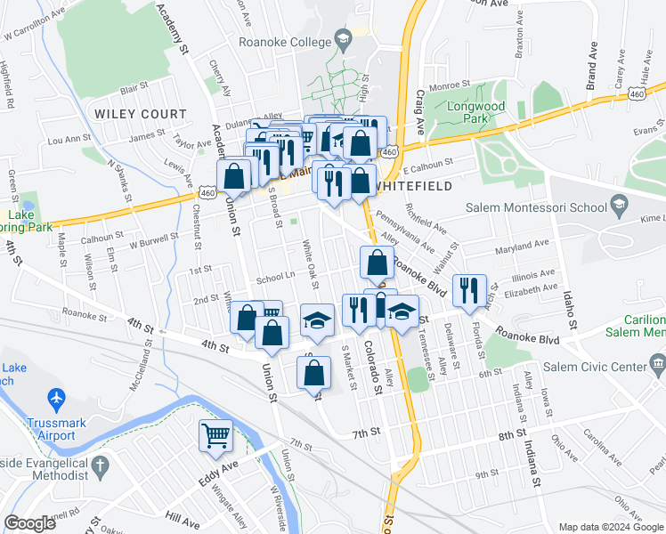 map of restaurants, bars, coffee shops, grocery stores, and more near 330 South Market Street in Salem