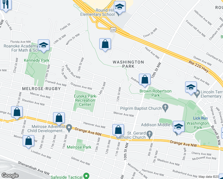 map of restaurants, bars, coffee shops, grocery stores, and more near 1224 Thomas Avenue Northwest in Roanoke