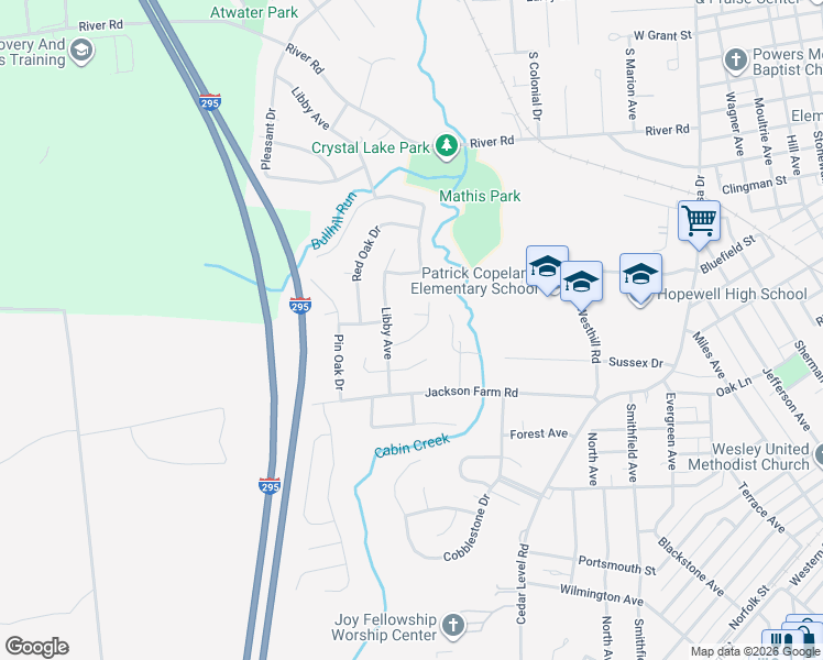 map of restaurants, bars, coffee shops, grocery stores, and more near 3607 Settlers Lane in Hopewell
