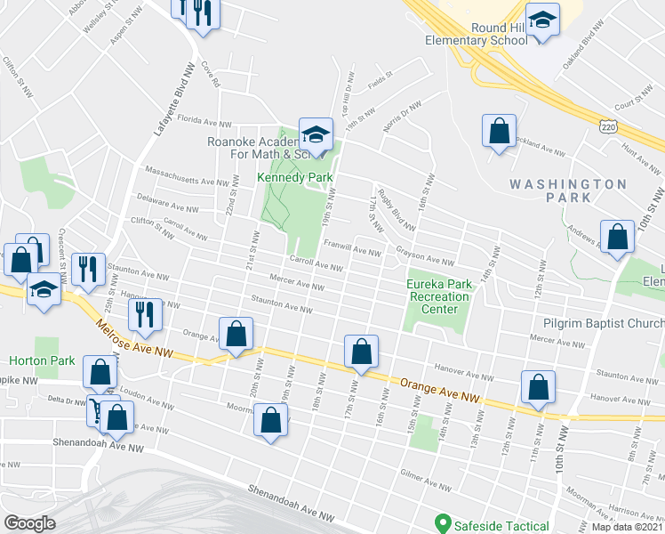 map of restaurants, bars, coffee shops, grocery stores, and more near 1813 Carroll Avenue Northwest in Roanoke