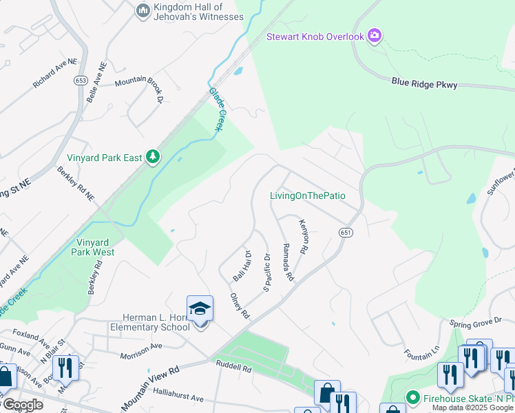map of restaurants, bars, coffee shops, grocery stores, and more near 706-710 Olney Rd in Vinton