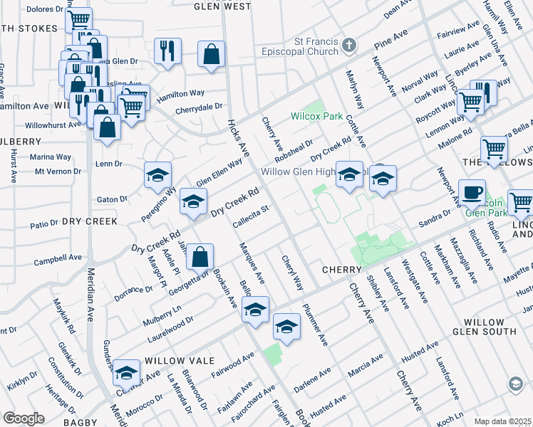 map of restaurants, bars, coffee shops, grocery stores, and more near 1430 Callecita Street in San Jose