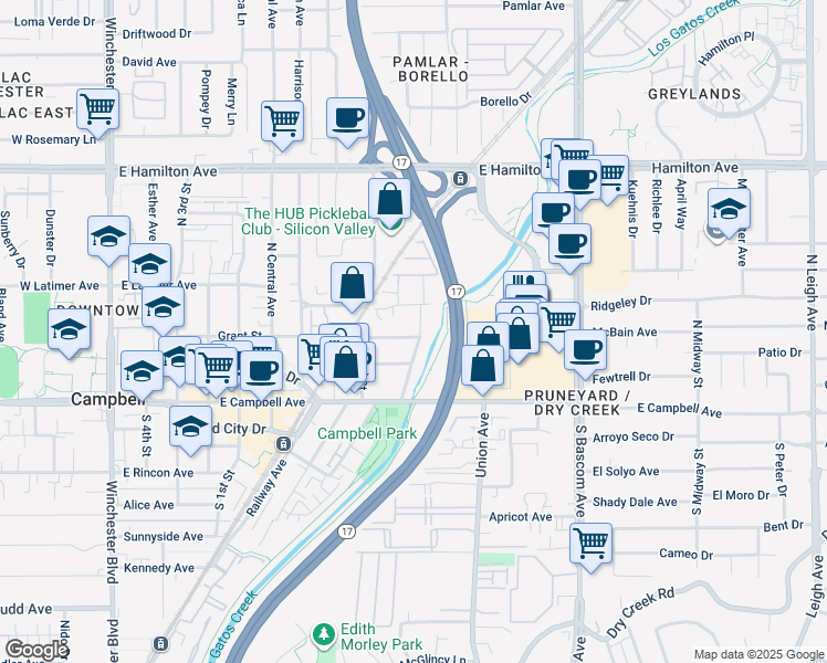 map of restaurants, bars, coffee shops, grocery stores, and more near 665 Hawthorne Avenue in Campbell