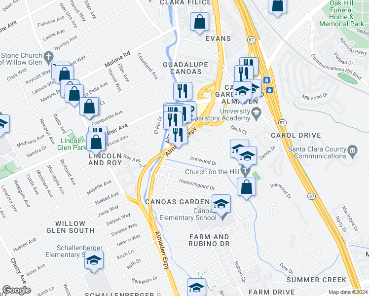map of restaurants, bars, coffee shops, grocery stores, and more near 2415 Rinconada Drive in San Jose