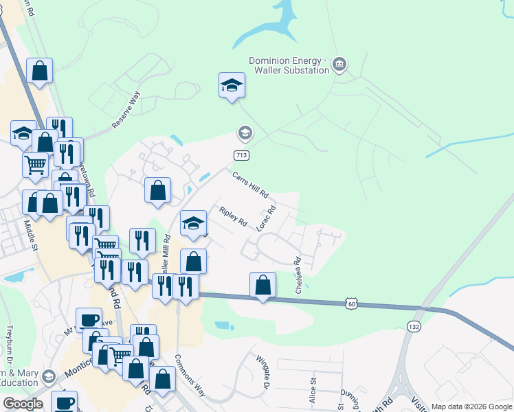 map of restaurants, bars, coffee shops, grocery stores, and more near 108 Carrs Hill Road in Williamsburg