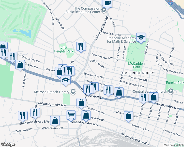 map of restaurants, bars, coffee shops, grocery stores, and more near 2428 Maryland Avenue Northwest in Roanoke
