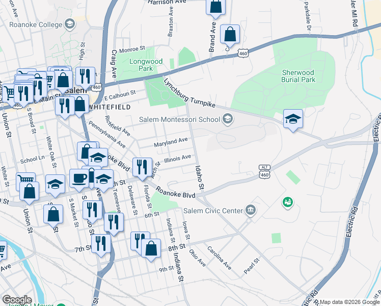 map of restaurants, bars, coffee shops, grocery stores, and more near 400-404 Idaho St in Salem