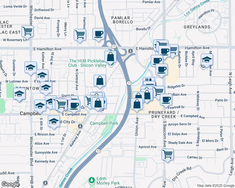 map of restaurants, bars, coffee shops, grocery stores, and more near 665 Hawthorne Avenue in Campbell