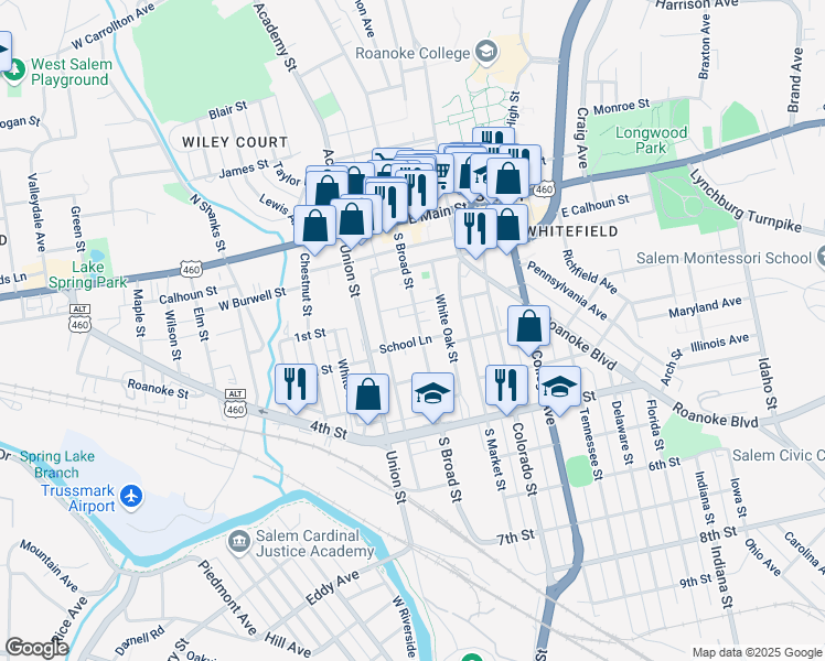 map of restaurants, bars, coffee shops, grocery stores, and more near 321 South Broad Street in Salem