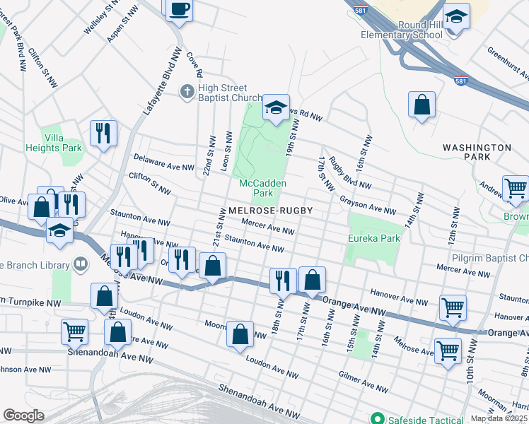 map of restaurants, bars, coffee shops, grocery stores, and more near 1912 Carroll Avenue Northwest in Roanoke