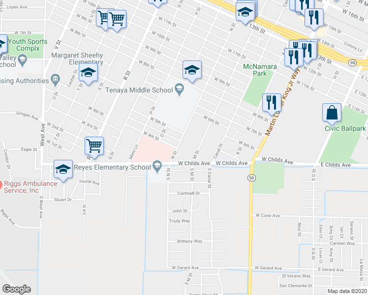 map of restaurants, bars, coffee shops, grocery stores, and more near 430 N Street in Merced