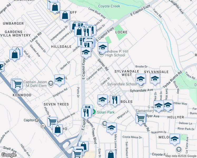 map of restaurants, bars, coffee shops, grocery stores, and more near 3284 Column Court in San Jose