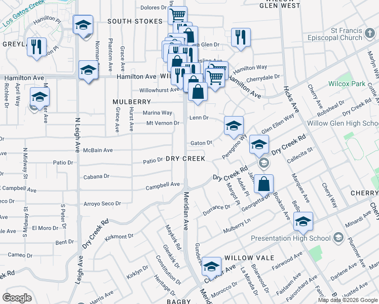 map of restaurants, bars, coffee shops, grocery stores, and more near 1880 Meridian Avenue in San Jose