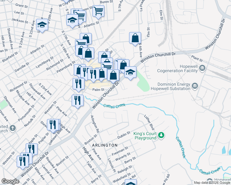 map of restaurants, bars, coffee shops, grocery stores, and more near 1010 Winston Churchill Drive in Hopewell