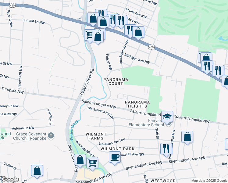 map of restaurants, bars, coffee shops, grocery stores, and more near 817 Westside Boulevard Northwest in Roanoke