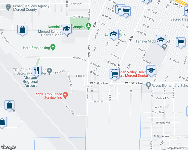 map of restaurants, bars, coffee shops, grocery stores, and more near 1298 West 1st Street in Merced