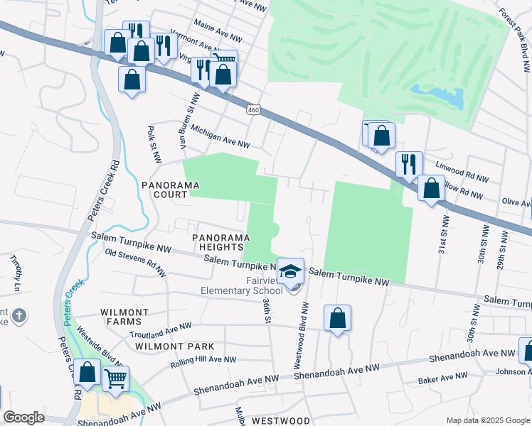 map of restaurants, bars, coffee shops, grocery stores, and more near in Roanoke
