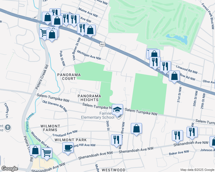 map of restaurants, bars, coffee shops, grocery stores, and more near in Roanoke