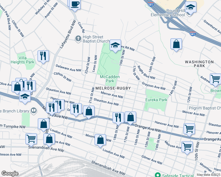 map of restaurants, bars, coffee shops, grocery stores, and more near 1912 Carroll Avenue Northwest in Roanoke