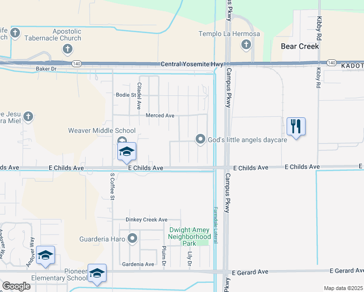map of restaurants, bars, coffee shops, grocery stores, and more near 84 Jack Court in Merced