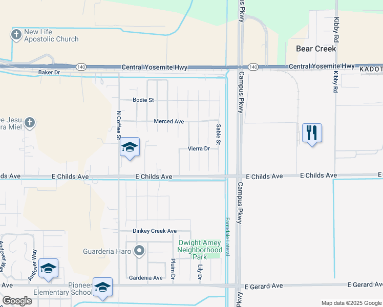 map of restaurants, bars, coffee shops, grocery stores, and more near 84 Jack Court in Merced