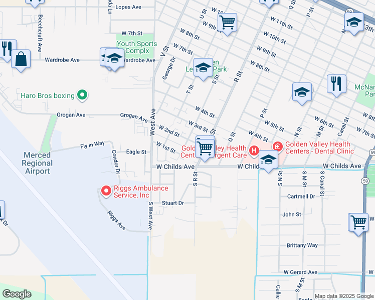map of restaurants, bars, coffee shops, grocery stores, and more near 120 S Street in Merced