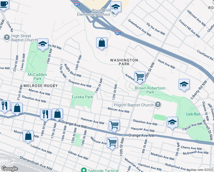 map of restaurants, bars, coffee shops, grocery stores, and more near 1228 Thomas Avenue Northwest in Roanoke