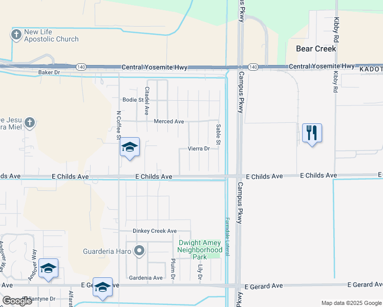 map of restaurants, bars, coffee shops, grocery stores, and more near 84 Jack Court in Merced