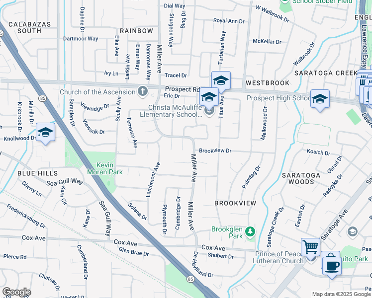 map of restaurants, bars, coffee shops, grocery stores, and more near 12257 Mabel Court in Saratoga