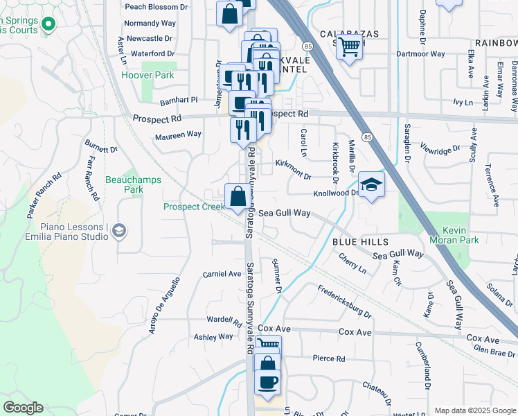 map of restaurants, bars, coffee shops, grocery stores, and more near 12297 Saratoga Sunnyvale Road in Saratoga