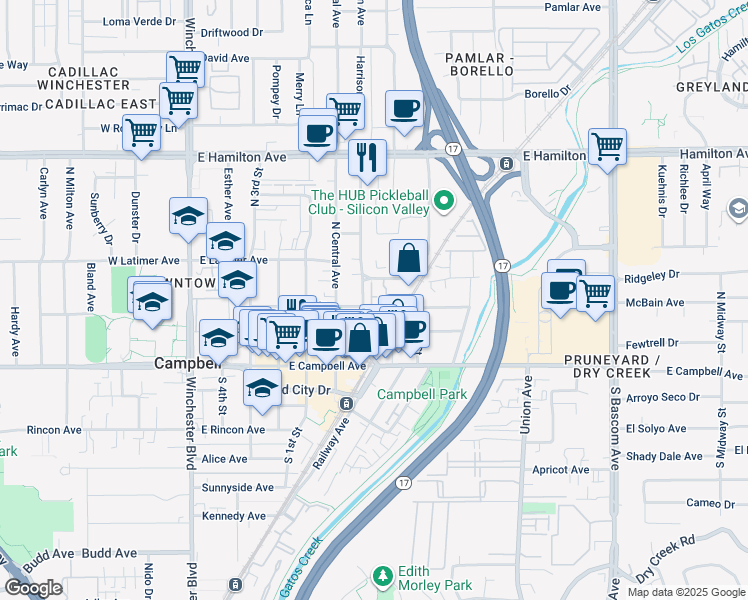 map of restaurants, bars, coffee shops, grocery stores, and more near 50 Waterford Court in Campbell