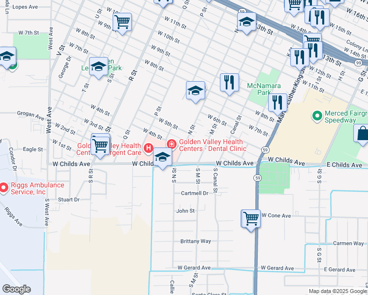 map of restaurants, bars, coffee shops, grocery stores, and more near 394 N Street in Merced