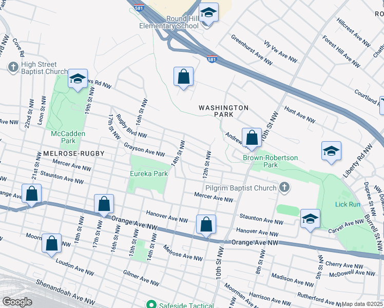 map of restaurants, bars, coffee shops, grocery stores, and more near 1228 Thomas Avenue Northwest in Roanoke