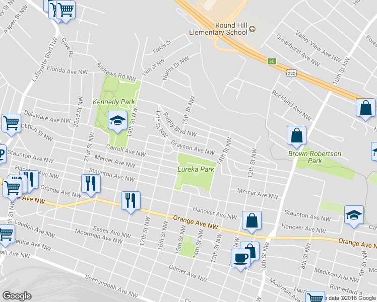 map of restaurants, bars, coffee shops, grocery stores, and more near 1530 Grayson Avenue Northwest in Roanoke