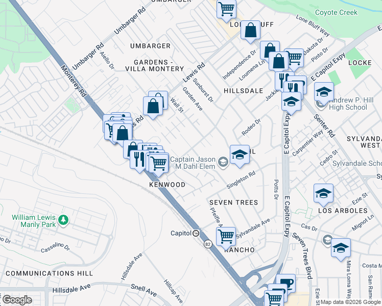 map of restaurants, bars, coffee shops, grocery stores, and more near 3090 Water Street in San Jose
