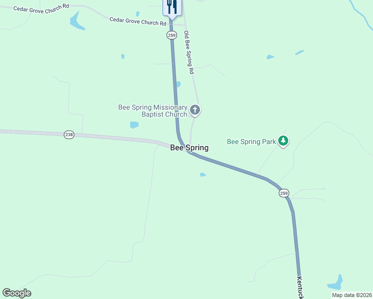 map of restaurants, bars, coffee shops, grocery stores, and more near 8221 Kentucky 259 in Bee Spring