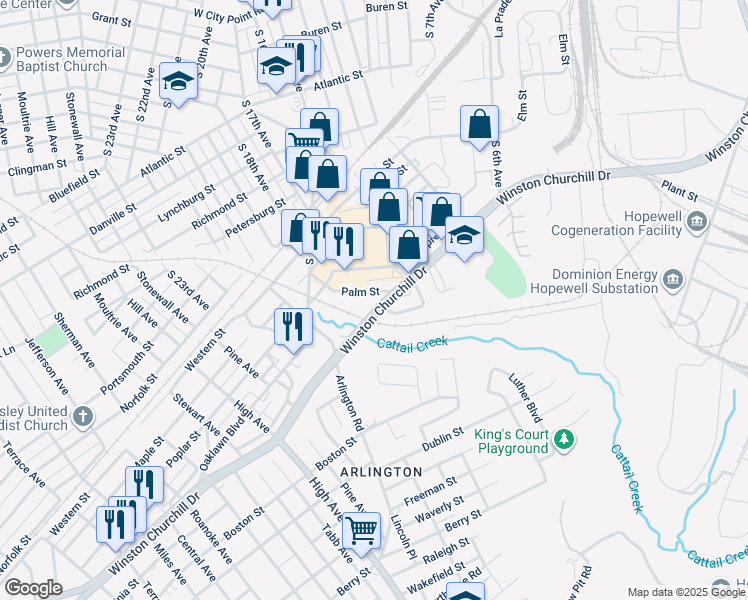 map of restaurants, bars, coffee shops, grocery stores, and more near 1111 Palm Street in Hopewell