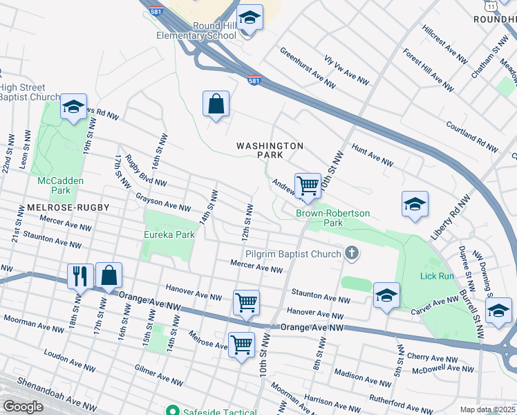 map of restaurants, bars, coffee shops, grocery stores, and more near 1137 Thomas Avenue Northwest in Roanoke