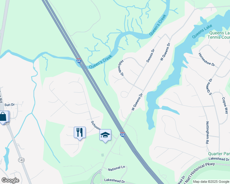 map of restaurants, bars, coffee shops, grocery stores, and more near 135 Dennis Drive in Williamsburg
