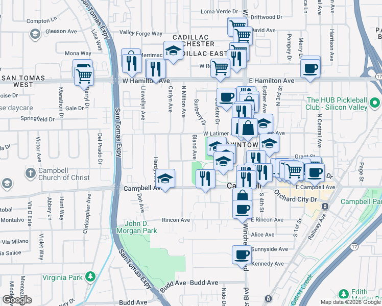 map of restaurants, bars, coffee shops, grocery stores, and more near 199 Bland Avenue in Campbell