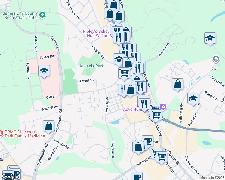 map of restaurants, bars, coffee shops, grocery stores, and more near 155 Sterling Manor Drive in Williamsburg