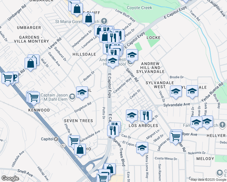 map of restaurants, bars, coffee shops, grocery stores, and more near 451 Carpentier Way in San Jose