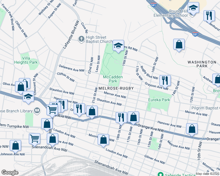 map of restaurants, bars, coffee shops, grocery stores, and more near 1922 Carroll Avenue Northwest in Roanoke