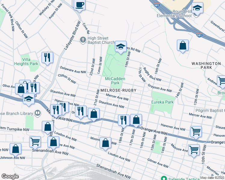 map of restaurants, bars, coffee shops, grocery stores, and more near 1922 Carroll Avenue Northwest in Roanoke