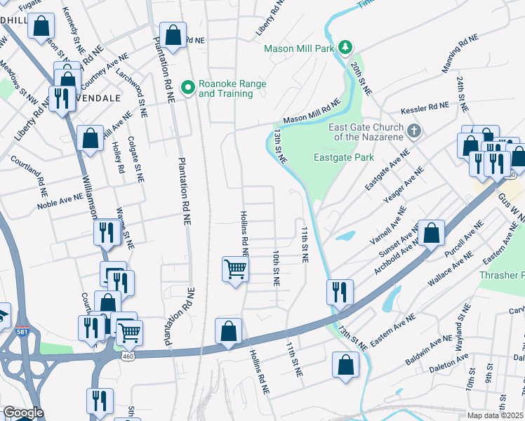 map of restaurants, bars, coffee shops, grocery stores, and more near 927 Monticello Avenue Northeast in Roanoke