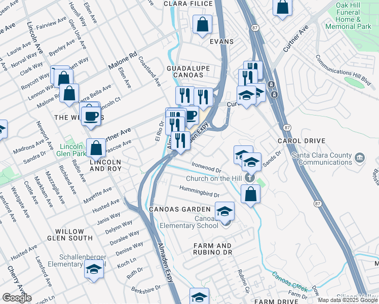 map of restaurants, bars, coffee shops, grocery stores, and more near 2415 Rinconada Drive in San Jose