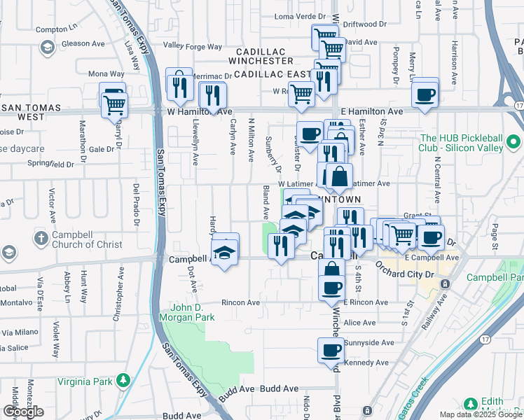 map of restaurants, bars, coffee shops, grocery stores, and more near 199 Bland Avenue in Campbell