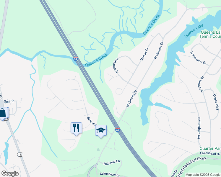 map of restaurants, bars, coffee shops, grocery stores, and more near 135 Dennis Drive in Williamsburg